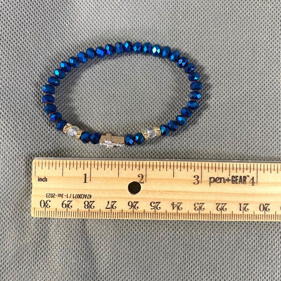 Metallic Iridescent Cross Charm Bracelet Trio Octagon Beads Multicolor Stretch - Picture 10 of 12